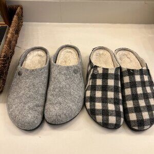 2 pair of Birkenstock Zermatt slippers gray and buffalo check black white sz 41